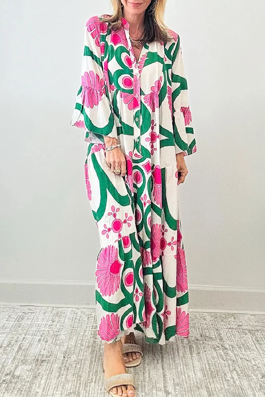 Maxi - inspired midi dresses with flowing fabrics for a beachy vibeFloral Buttoned Long Sleeve Maxi Dress