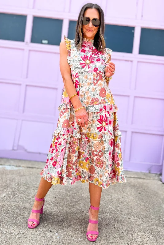 Midi dresses with button - front designs for a classic touchPink Floral Print Frill Neck Cap Sleeve Tiered Midi Dress