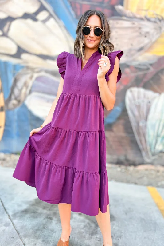 Midi dresses with tassel accents for a bohemian and free - spirited stylePlum V Neck Flutter Sleeve Tiered Midi Dress