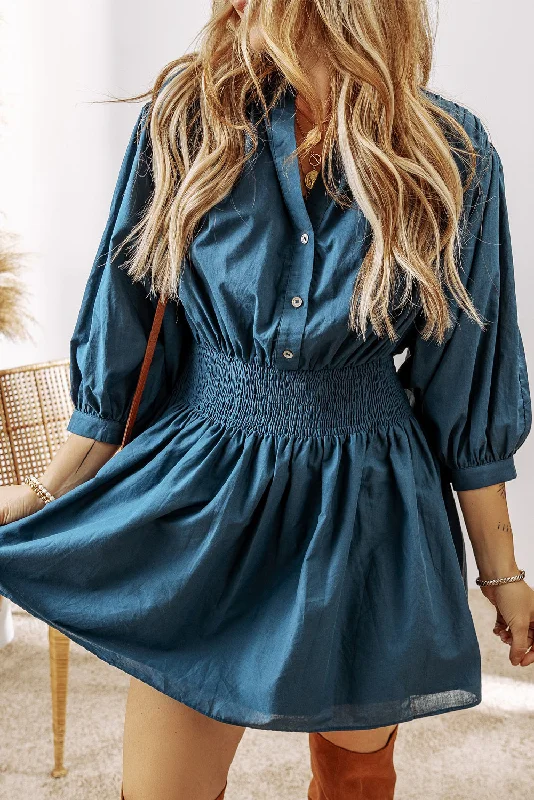 Midi dresses with button - down skirts for a unique and functional designSolid 3/4 Sleeve High Waist Mini Dress