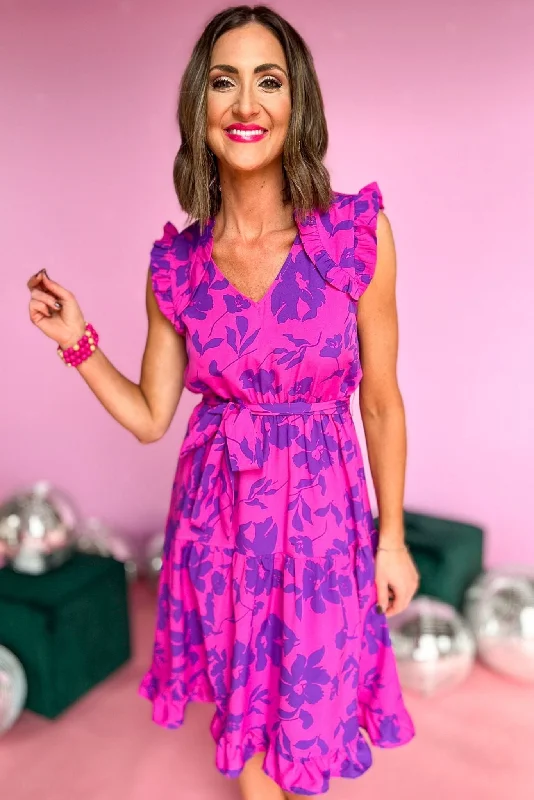 Midi dresses with printed lining for a hidden and stylish detailPurple Pink Floral V Neck Ruffle Sleeveless Midi Dress