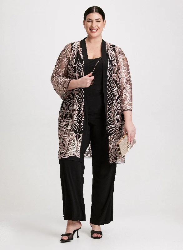 A - line midi dresses with floral prints for spring brunchesSequin Jacket, Top & Pant Set