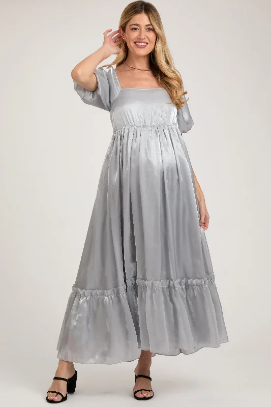 Midi dresses with belted waists to accentuate the figureSilver Satin Square Neck Short Puff Sleeve Maternity Maxi Dress