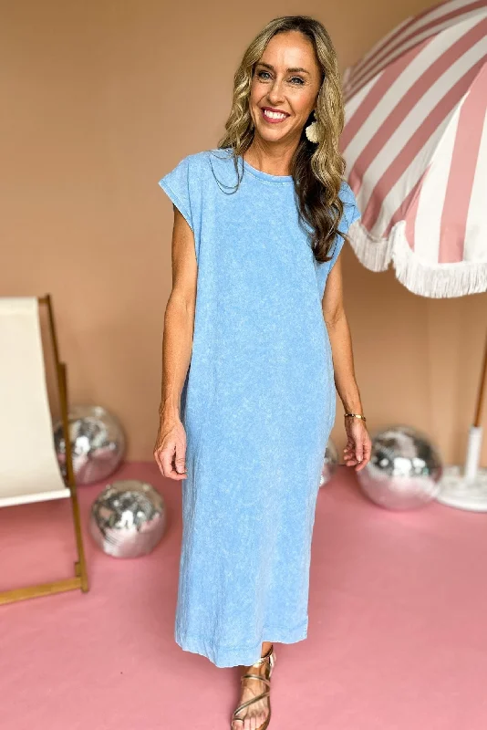 Midi dresses with printed lining for a hidden and stylish detailSky Blue Mineral Wash Muscle Sleeve Midi Dress