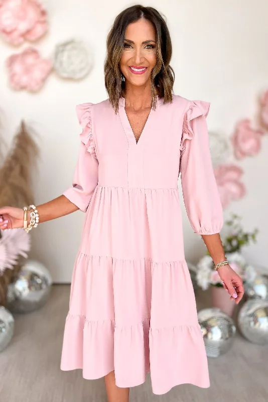 Midi dresses with patchwork patterns for a one - of - a - kind styleSSYS Blush Three Quarter Sleeve Ruffle Shoulder Tiered Midi Dress