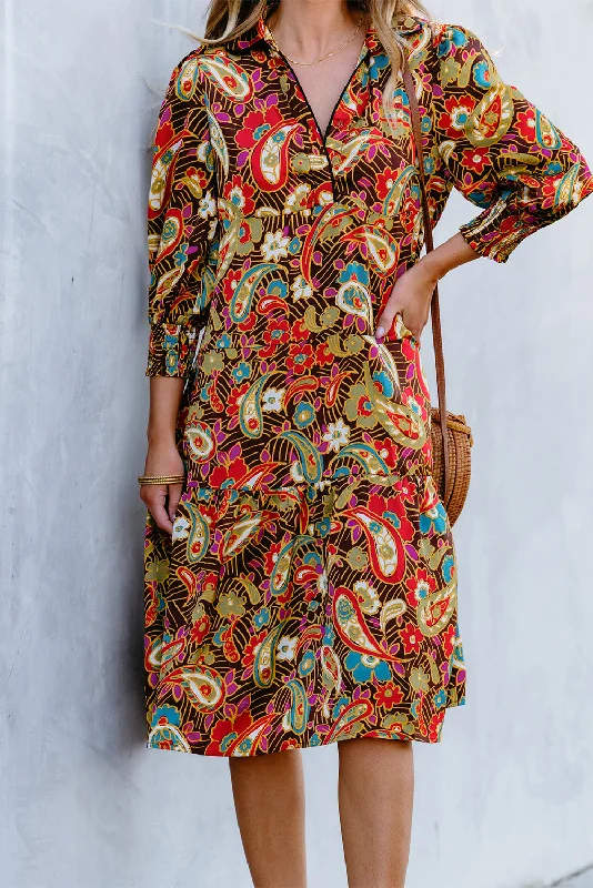 Midi dresses with button - down skirts for a unique and functional designYellow Paisley Mixed Print Collared 3/4 Sleeve Midi Dress