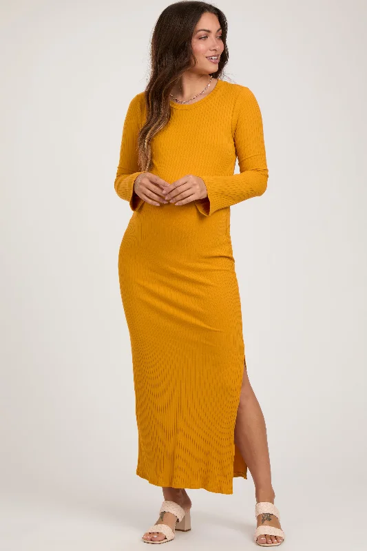 Wrap - style midi dresses in silk for a sophisticated office lookYellow Ribbed Side Slit Maternity Maxi Dress