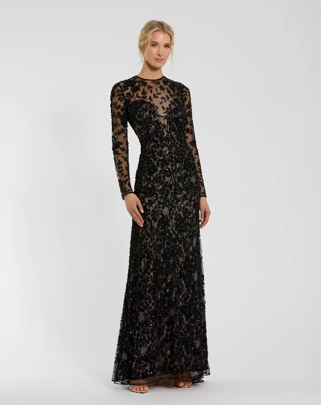 Maxi dresses with a cinched waist for a defined silhouetteLong Sleeve Floral Embellished Gown