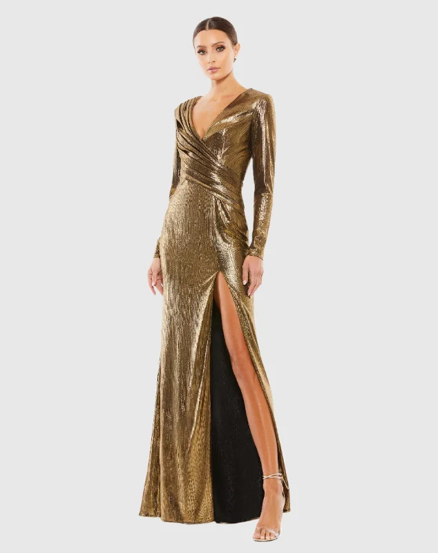 Satin maxi dresses with a high - low hem for a modern twistMetallic Long Sleeve Asymmetrical Ruched Gown