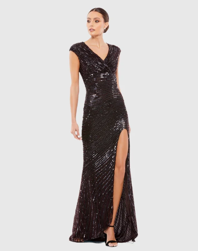 Maxi dresses with a paisley print for a classic and elegant styleCap Sleeve Sequined Evening Gown