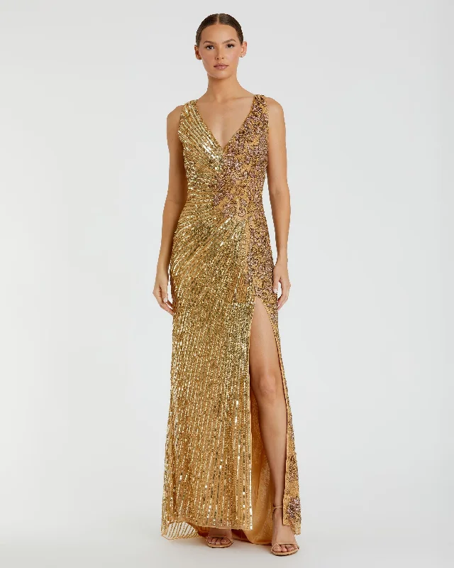 Maxi dresses with cold - shoulder cutouts for a trendy lookGold Beaded Floral Sleeveless Gown