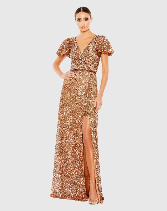 Printed maxi dresses with abstract patterns for an artistic lookSequined Wrap Over Butterfly Sleeve Draped Gown