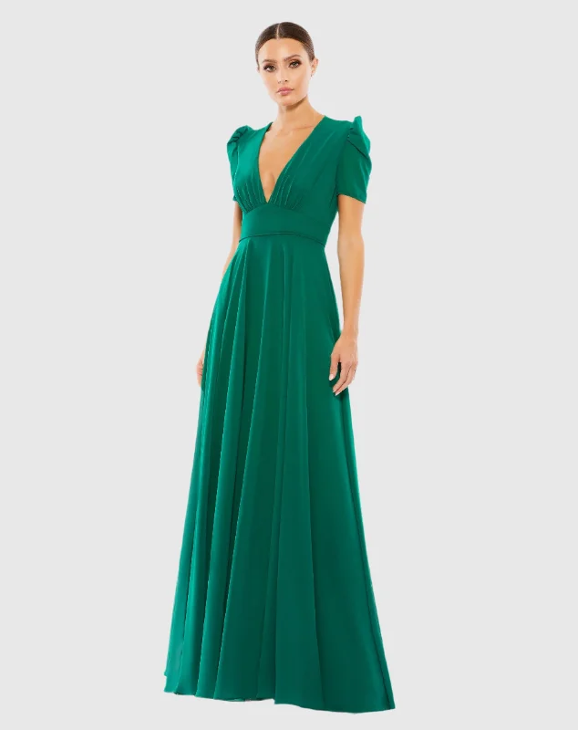 Satin maxi dresses with a high - low hem for a modern twistPlunge Neck Cap Sleeve Gown