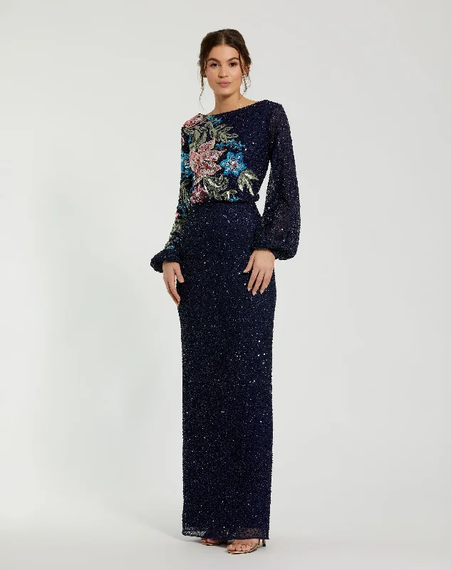 Denim maxi dresses with frayed hems for a casual lookBlue Embellished Multi Color Floral High Neck Gown