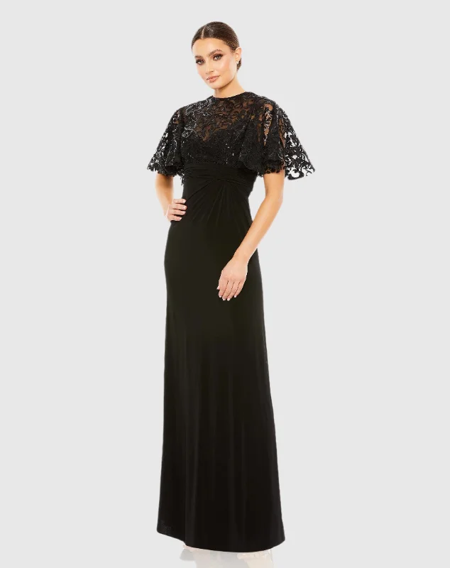 Maxi dresses with mesh panels for a sexy and trendy appearanceEmbellished Butterfly Sleeve Gown