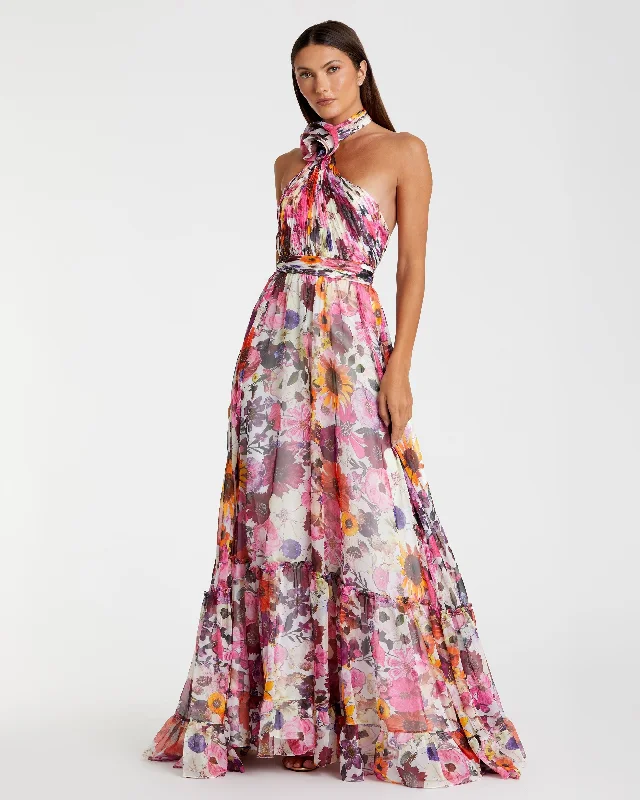 Maxi dresses with a button - down front for a classic lookAsymmetrical Ruffled Halter Floral Gown