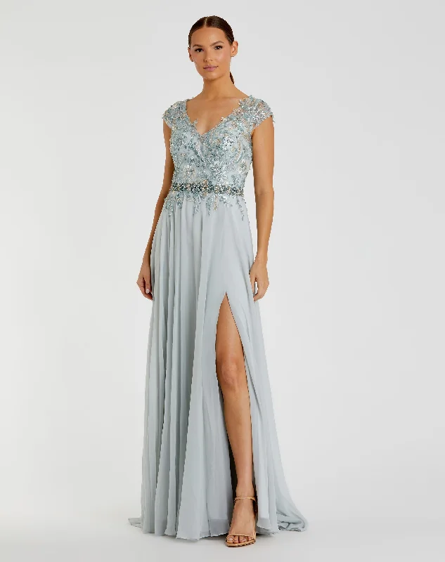 Maxi dresses with pom - pom trims for a playful and festive lookEmbellished Cap Sleeve Bodice Flowy Gown