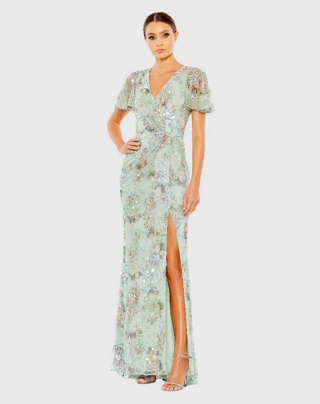 Strapless maxi dresses for a beachside vacationEmbellished Butterfly Sleeve Faux Wrap Gown