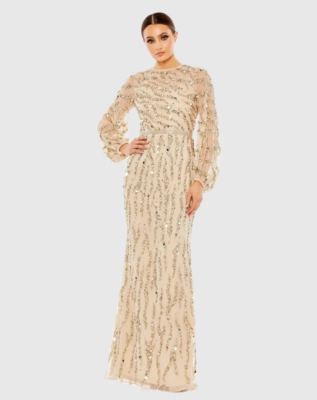 Maxi dresses with a gathered skirt for a voluminous and dramatic effectEmbellished High Neck Puff Sleeve Trumpet Gown