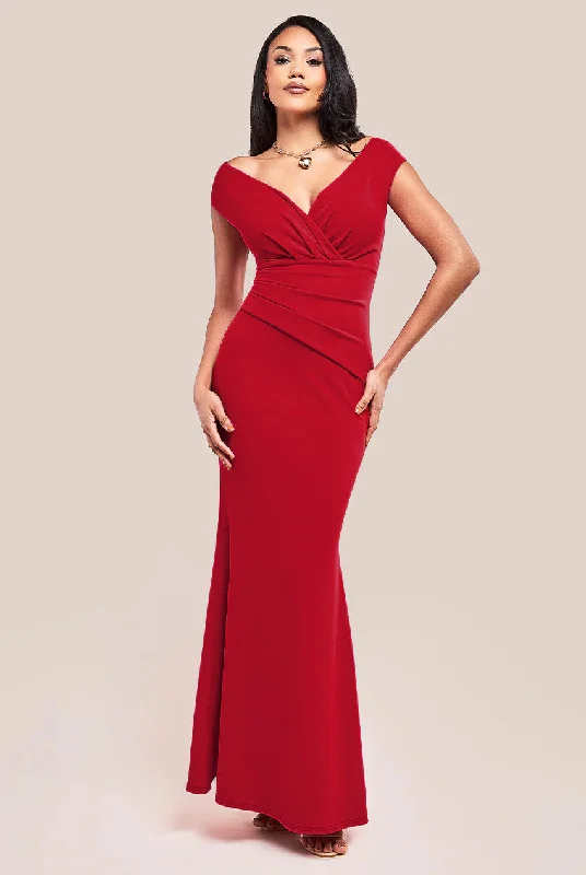 Maxi dresses with a V - neckline for a flattering and elongating shapeGoddiva Bardot Pleated Maxi Dress - Red