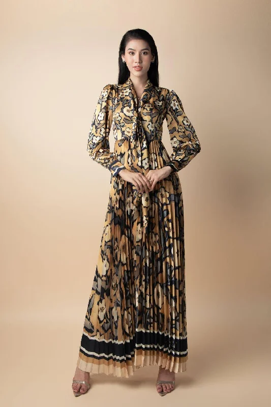 Maxi dresses with an asymmetric hem for a fashion - forward and eye - catching designCape A-line Pleated Latin Silk Maxi Dress