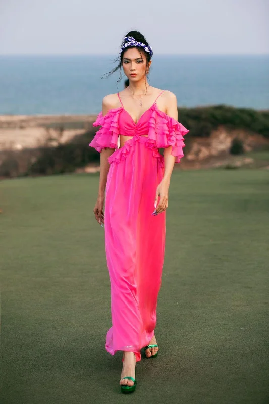 Strapless maxi dresses for a beachside vacationCatherine Straight Ruffle Sleeved Organza Voile Maxi Dress