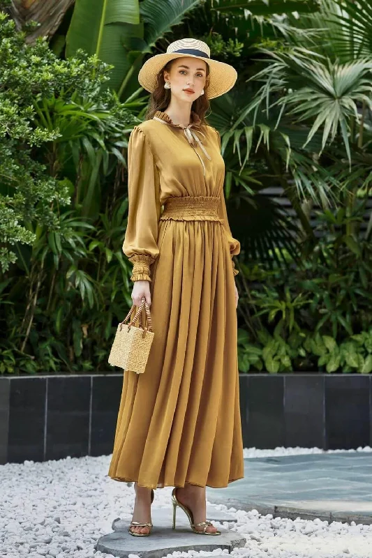 Maxi dresses with cut - out details on the sides for a modern edgeEmber Gathered Peasant Sleeve Silk Maxi Dress