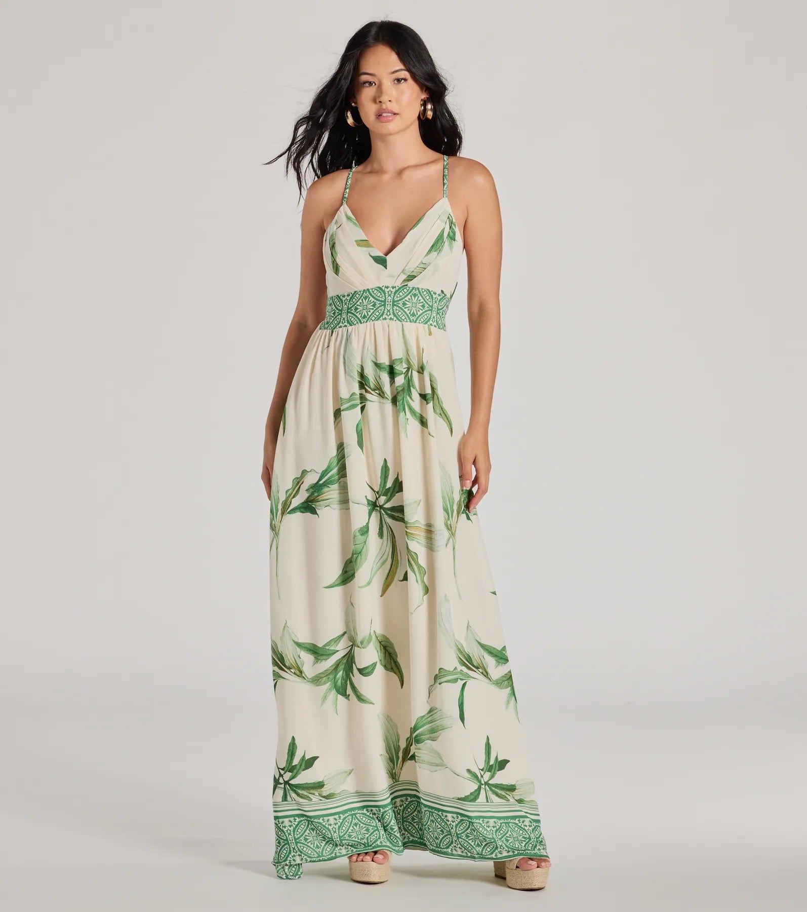 Maxi dresses with a keyhole back for a sexy detailFiji Feeling Sleeveless Lace-Up Tropical Maxi Dress