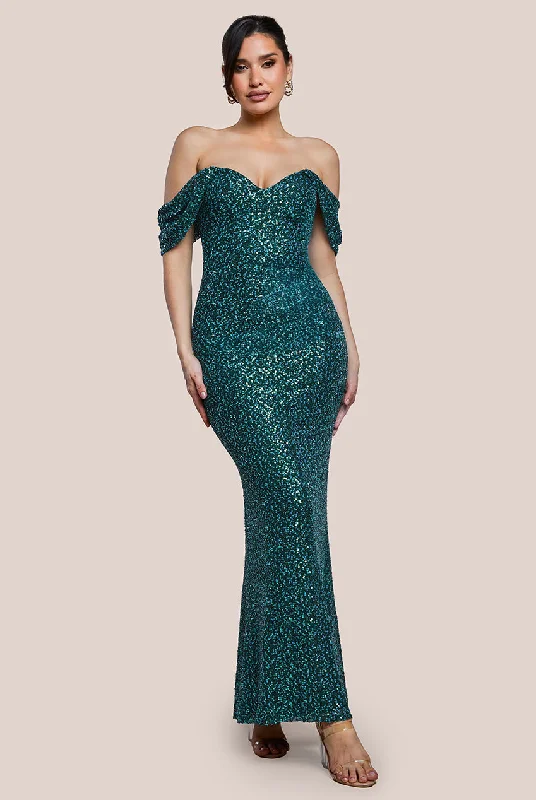 Maxi dresses with a cinched waist for a defined silhouetteGoddiva Off The Shoulder Sequin Wing Maxi - Emerald Green