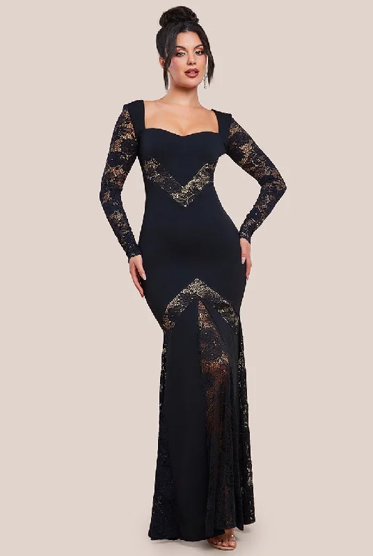 Maxi dresses with a cinched waist for a defined silhouetteGoddiva Scuba & Lace Long Sleeve Maxi Dress - Black