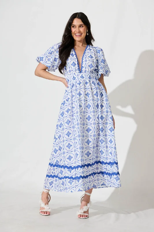 Maxi dresses with one - shoulder designs for a stylish and asymmetric lookIndi Maxi Dress in White with Blue Tile Linen Blend