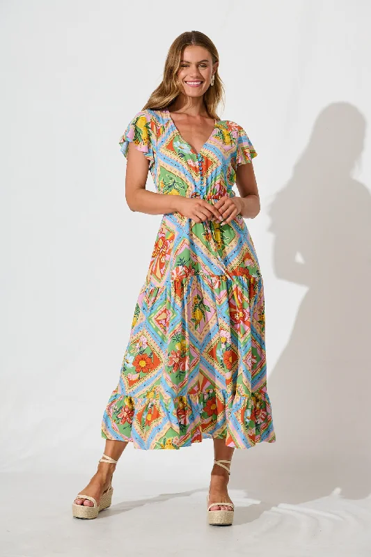 Floral print maxi dresses for summer garden partiesKarlene Maxi Dress In Multi Tile Print