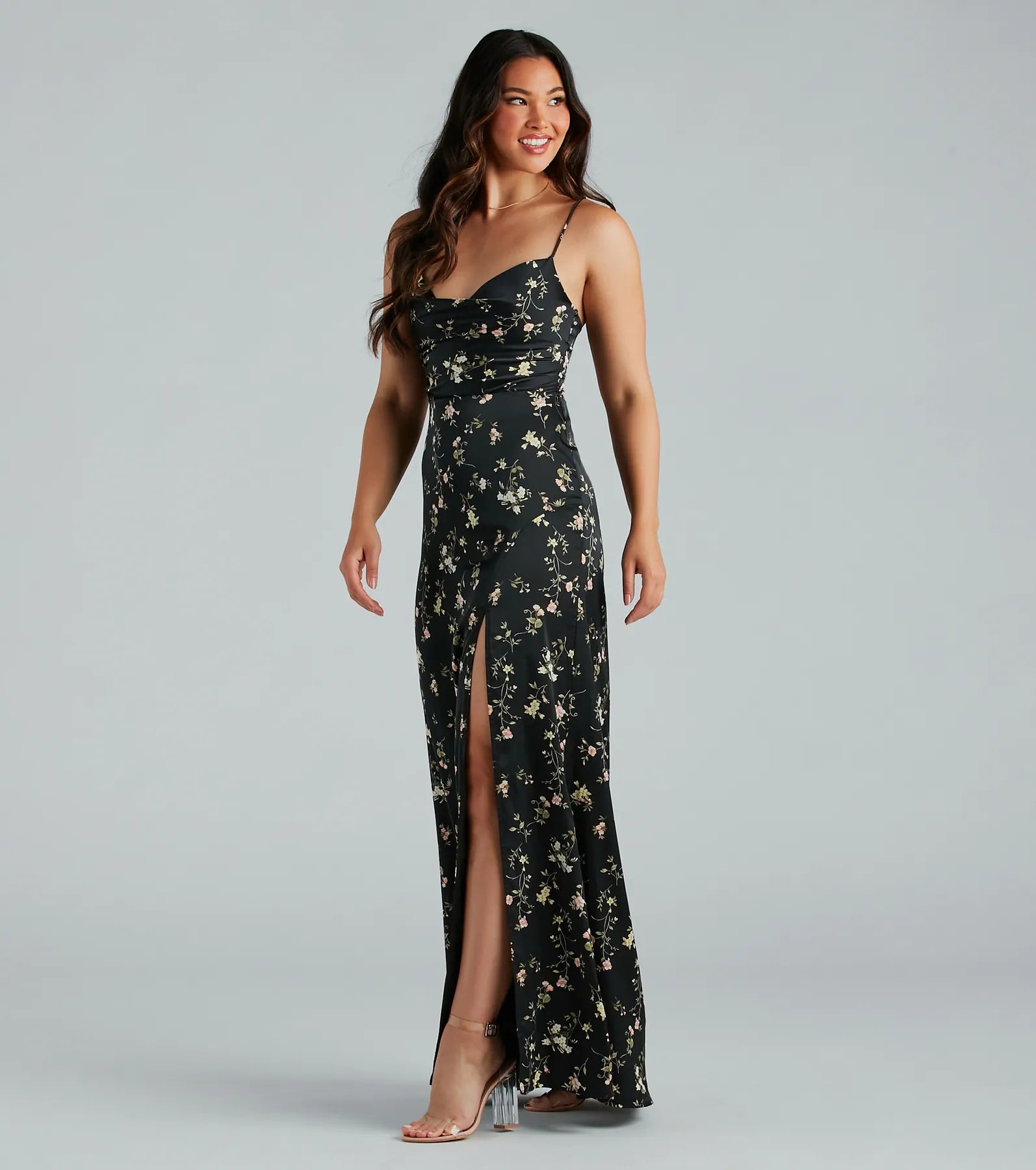 Satin maxi dresses with a high - low hem for a modern twistMackenzie Formal Satin Floral Lace-Up Dress