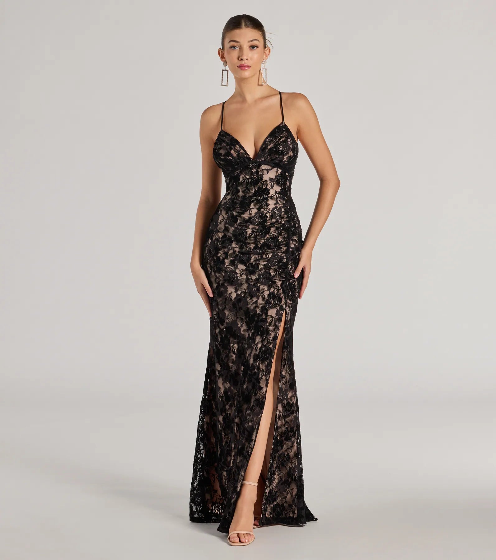 Metallic maxi dresses for a glamorous New Year's Eve partyMckenna Velvet Flocked Lace Mermaid Dress