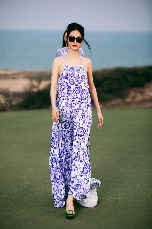 Printed maxi dresses with abstract patterns for an artistic lookPhoenix Halter Flared Latin Silk Maxi Dress