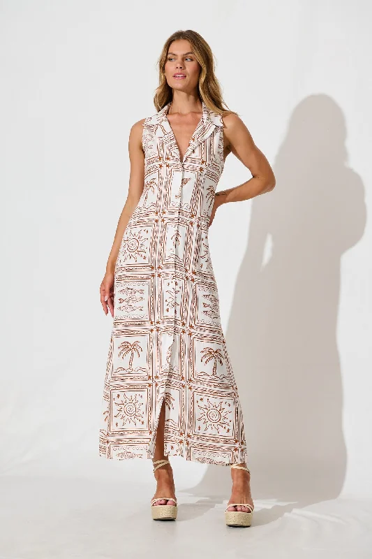 Maxi dresses with a ruffled neckline for a charming lookRemember Maxi Shirt Dress in White and Rust Linen Blend