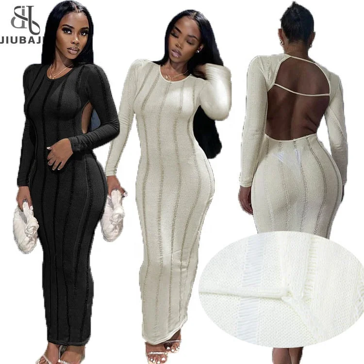 Maxi dresses with a keyhole back for a sexy detailSexy Knit Hollow Out Bodycon Maxi Dresses Club Outfit For Women 2023 Long Sleeve Backless Party Long Dress