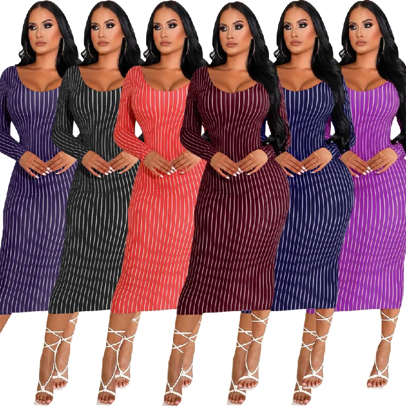 Ruffled maxi dresses with a tiered skirt for added volumeSexy Stayfree Maxi Dress Fashion Striped Print Women's Midi Dresses