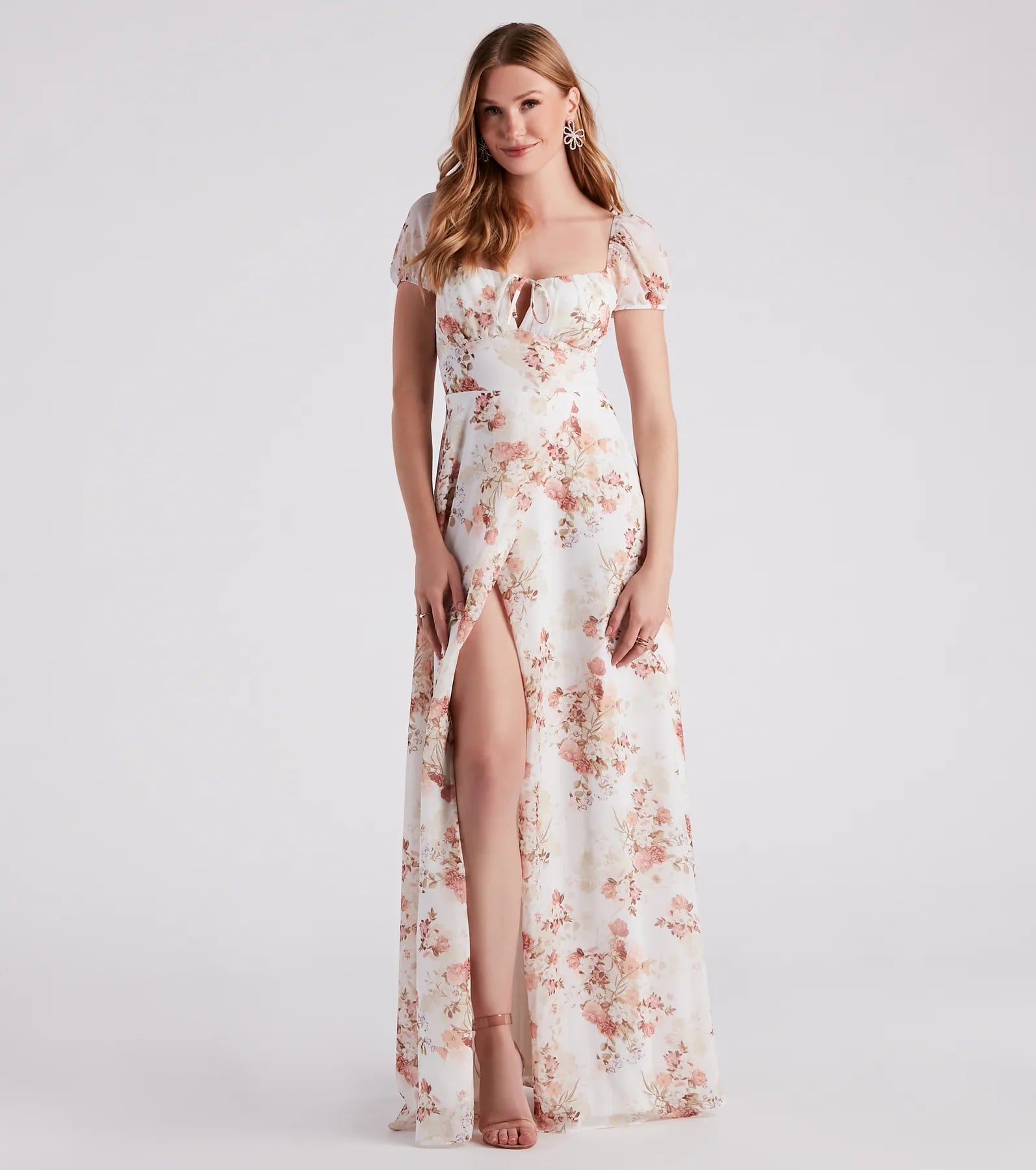 Maxi dresses with bow accents at the waist for a sweet appearanceSharon Formal Floral Chiffon A-Line Dress