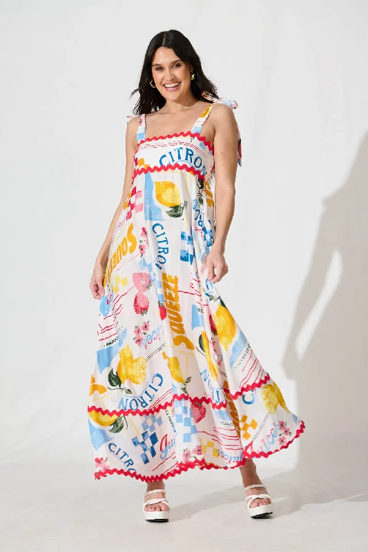 Maxi dresses with an asymmetric hem for a fashion - forward and eye - catching designSomerset Maxi Sundress In White Lemon Print Ric Rac Trim