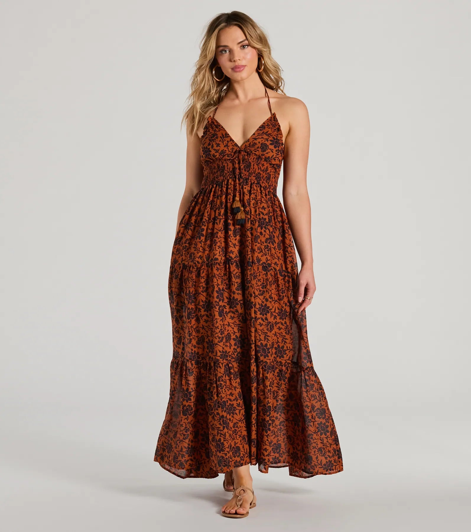 Maxi dresses with a paisley print for a classic and elegant styleStunning One Halter V-Neck Ruffle Floral Maxi Dress