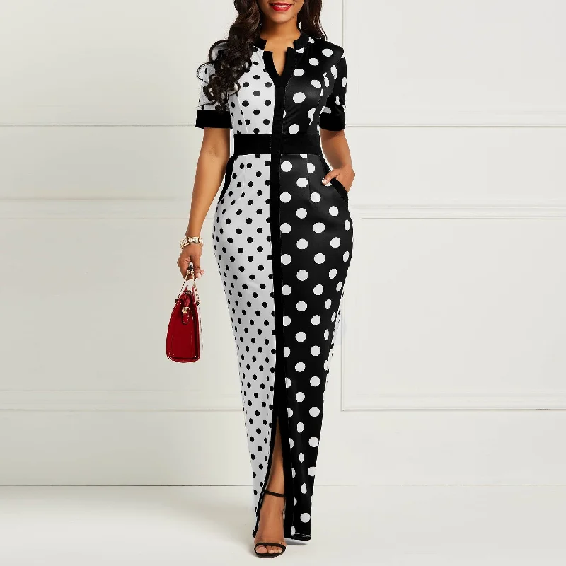 Maxi dresses with bow accents at the waist for a sweet appearanceSummer Front Split Chiffon Maxi Shirt Slim Polka Dot Lady Casual Dress