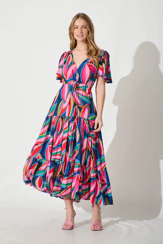 Maxi dresses with embroidered floral motifs for a unique designViolet Maxi Dress In Navy With Multi Print