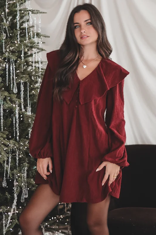 Mini dresses with keyhole necklinesBright Eyed And Jolly Burgundy Ruffle Dress