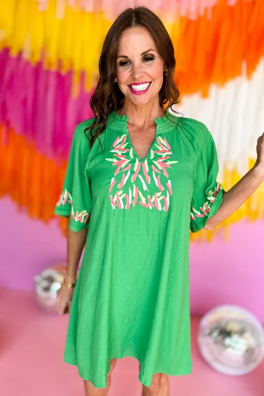 Mini dresses with belted waists for a defined silhouetteGreen Colorful Confetti Embroidery V Neck Dress