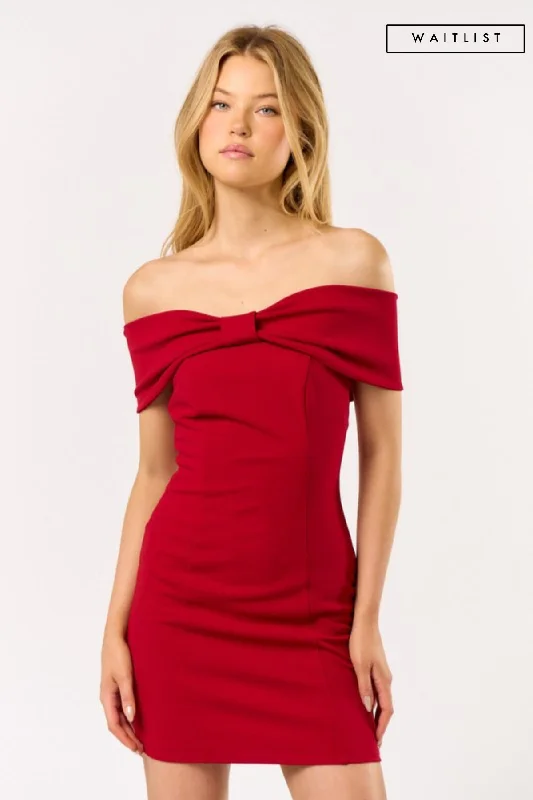 Mini dresses with geometric prints for a modern aestheticWaitlist 12/10 ♥ Harper Off The Shoulder Bow Mini Dress Red