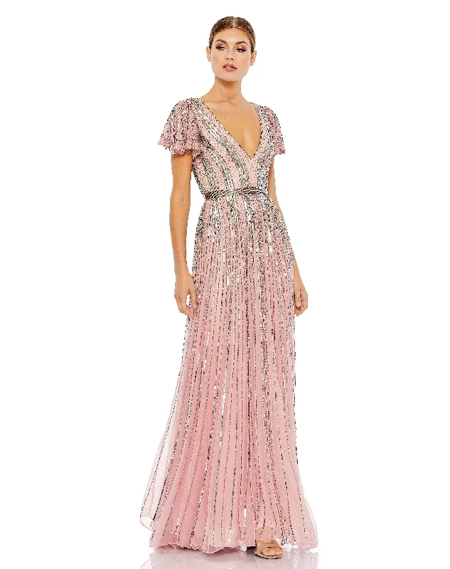 Wedding guest dresses with patchwork designs for a unique lookMac Duggal 70108 Long Formal Short Sleeve Dress