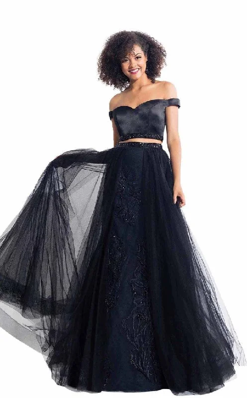 Wedding guest dresses with cold - shoulder ruffled sleeves and knee - length hemsRachel Allan Prom Two Piece Long Formal Dress 6198