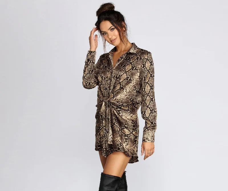 Mini dresses with empire waists for a flattering fitSnake Print Tie Front Tunic