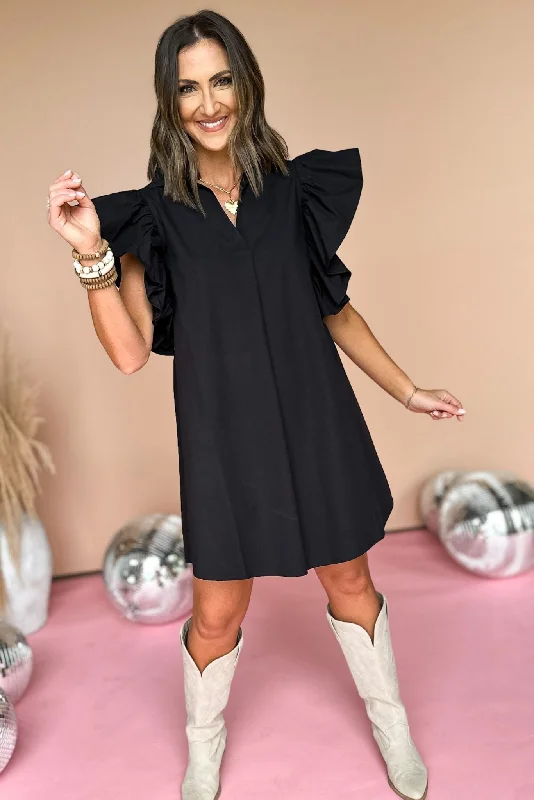 Sequined mini dresses for New Year's EveSSYS Black Ruffle Shoulder Poplin Dress